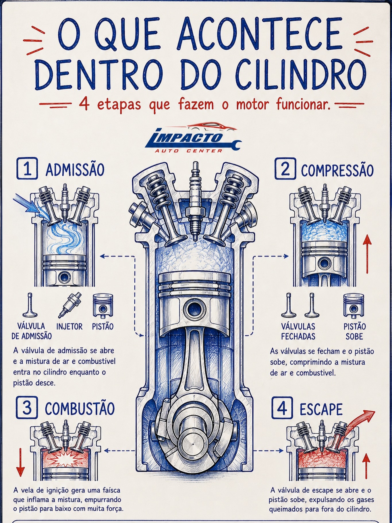 Infográfico com as quatro etapas do funcionamento do motor